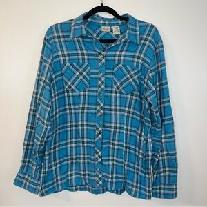 L.L. Bean Womens Blue Plaid Long Roll Tab Sleeve Cotton Button Up Shirt M Reg